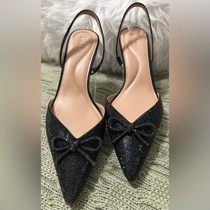 INC International Concepts Black Pointed Toe Bow Slingback Pumps